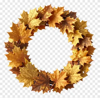 A wreath of shiny autumn maple leaves in gold and brown.