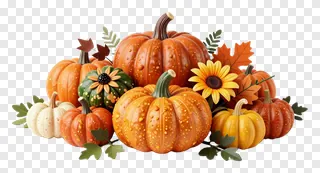 A colorful cluster of pumpkins and a sunflower.