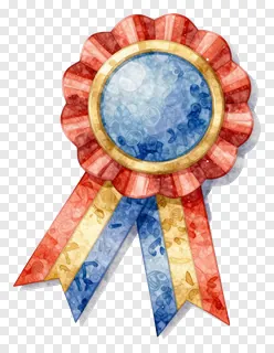 A watercolor tricolor ribbon badge with red, blue, and gold elements.