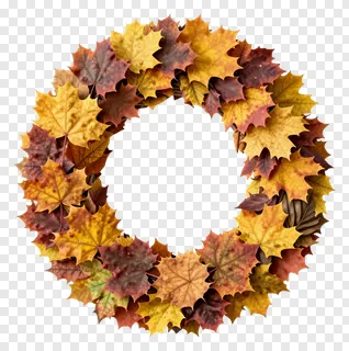 Circular wreath of autumn maple leaves with mottled texture.