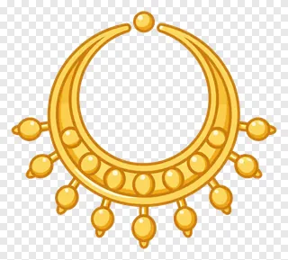 A golden circular necklace with beads.