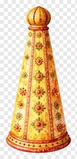 Golden conical festival ornament with floral designs.