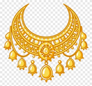 A golden crescent-shaped necklace with dangling pendants.