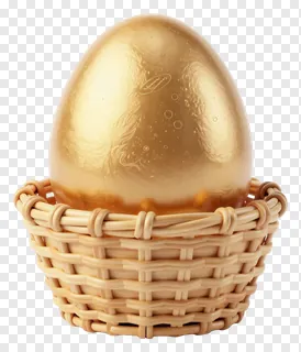 A golden egg in a woven basket.