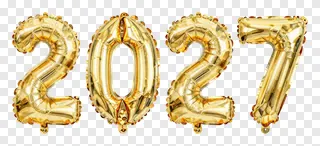 Gold foil balloons forming the year 2027.