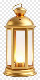 A golden lantern with a lit candle inside.