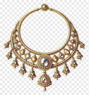 A golden necklace with colorful gemstones and dangling pendants.