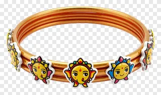 Gold-colored bangle decorated with smiling cartoon sun characters.