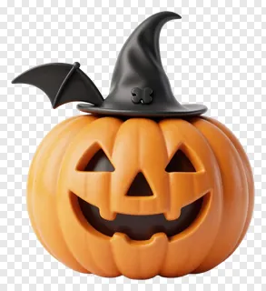 Orange jack-o'-lantern wearing a black witch hat with bat wings.