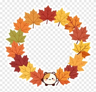A wreath of autumn leaves with a small kawaii animal in the center.