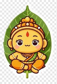 A cartoon character sitting on a mango leaf toran.