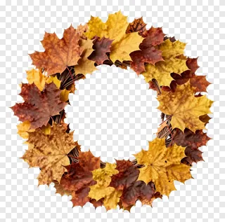An autumn wreath made of maple leaves with a woven twig base.
