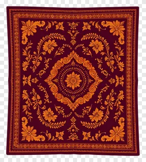 Square maroon fabric with gold alpona pattern.