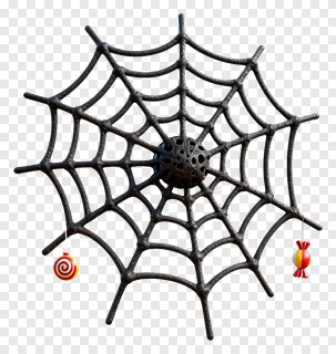A metallic spiderweb with two dangling candies.