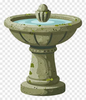 A stone garden fountain with moss growing on its base.