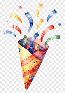 A watercolor party popper releasing colorful confetti.