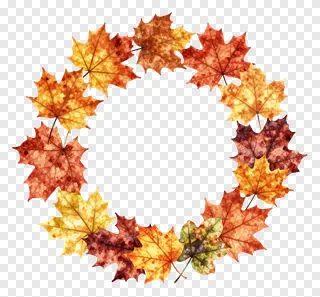 Circular wreath of autumn maple leaves with watercolor effect.