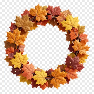 A wreath of autumn maple leaves in warm colors.