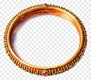 An ornate gold bangle with red gemstones and bead details.