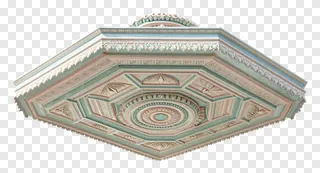 An ornate pandal ceiling with pastel colors and carved patterns.