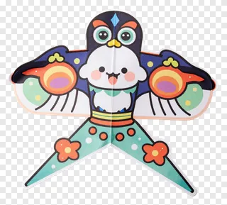 A colorful paper kite shaped like a penguin with cartoon features.