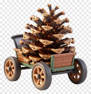 A decorative pinecone carried by a miniature wooden cart.