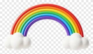 A colorful rainbow with white clouds, made of glossy tubular strips.