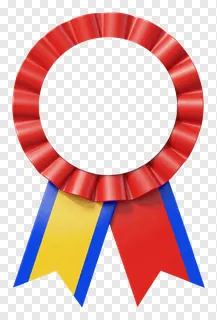 A red ruffled ribbon badge with blue and yellow tails.