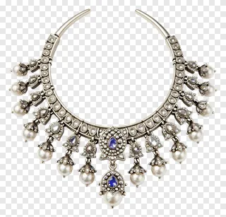 Silver necklace with pearls and blue stone pendant.