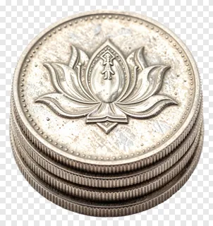 Stack of silver coins with lotus design.