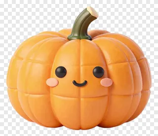 A smiling orange pumpkin with a quilted texture and green stem.