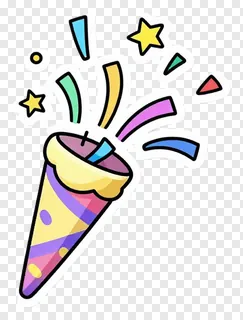 A striped paper cone releasing colorful confetti.