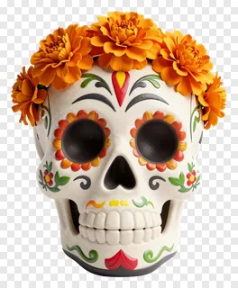 A decorated sugar skull wearing a crown of orange marigolds.