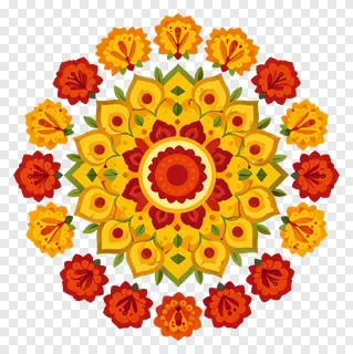 A colorful, symmetrical floral mandala with orange and yellow flowers.