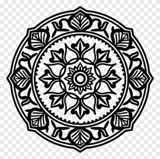 A black and white symmetrical mandala with intricate floral patterns.