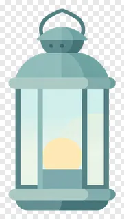 A teal-colored lantern with a glowing interior.