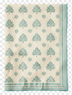Textile with teal leaf pattern and borders.