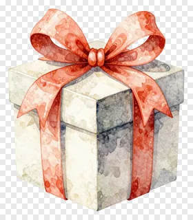A watercolor gift box with a red bow.