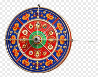 A colorful kite string spool with red and blue designs.