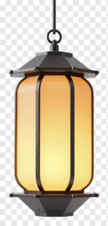 Hanging lantern with amber glass and dark metal frame.