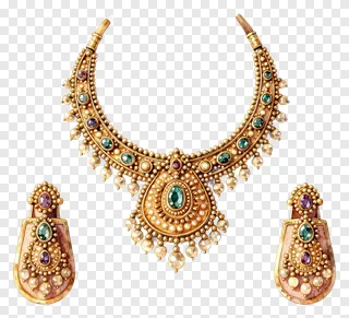 A Bengali gold jewelry set featuring a teardrop pendant necklace and earrings.