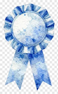 A blue watercolor ribbon badge with a circular center.
