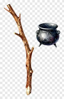 A watercolor broomstick with a sparkling cauldron floating nearby.