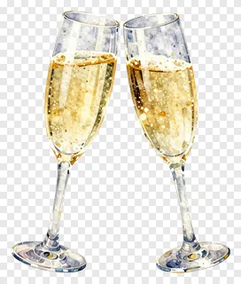 Two watercolor champagne glasses toasting.