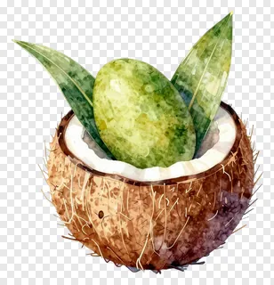 A watercolor coconut kalash with mango leaves and a green fruit.