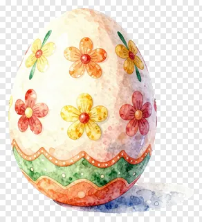 A decorated Easter egg with colorful flowers and a scalloped band.