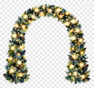 A watercolor-style festive arch decorated with green pine and warm lights.