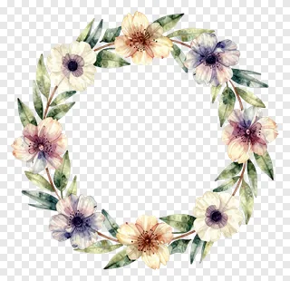 A circular wreath made of watercolor flowers and leaves.