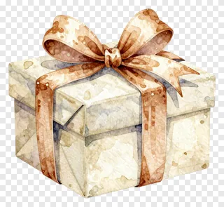 A watercolor-style gift box with a brown bow.