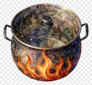 A watercolor illustration of a homa fire pot with flames.